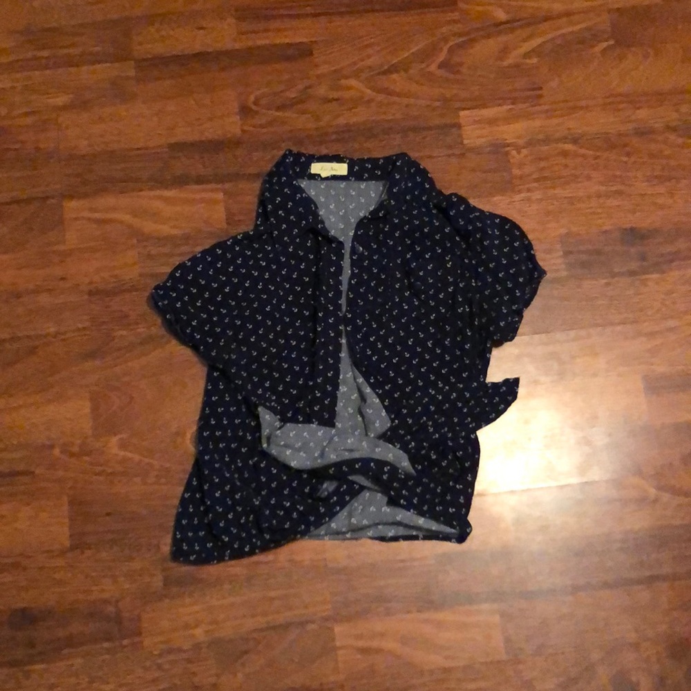 Navy blue button down tie up shirt
